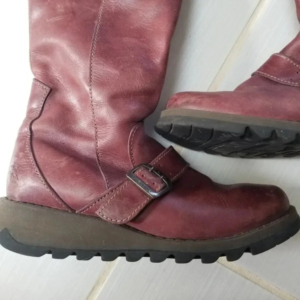 Fly London Mes 2 Petrol Leather Low Wedge Calf Boots Purple 37 - Picture 3 of 15